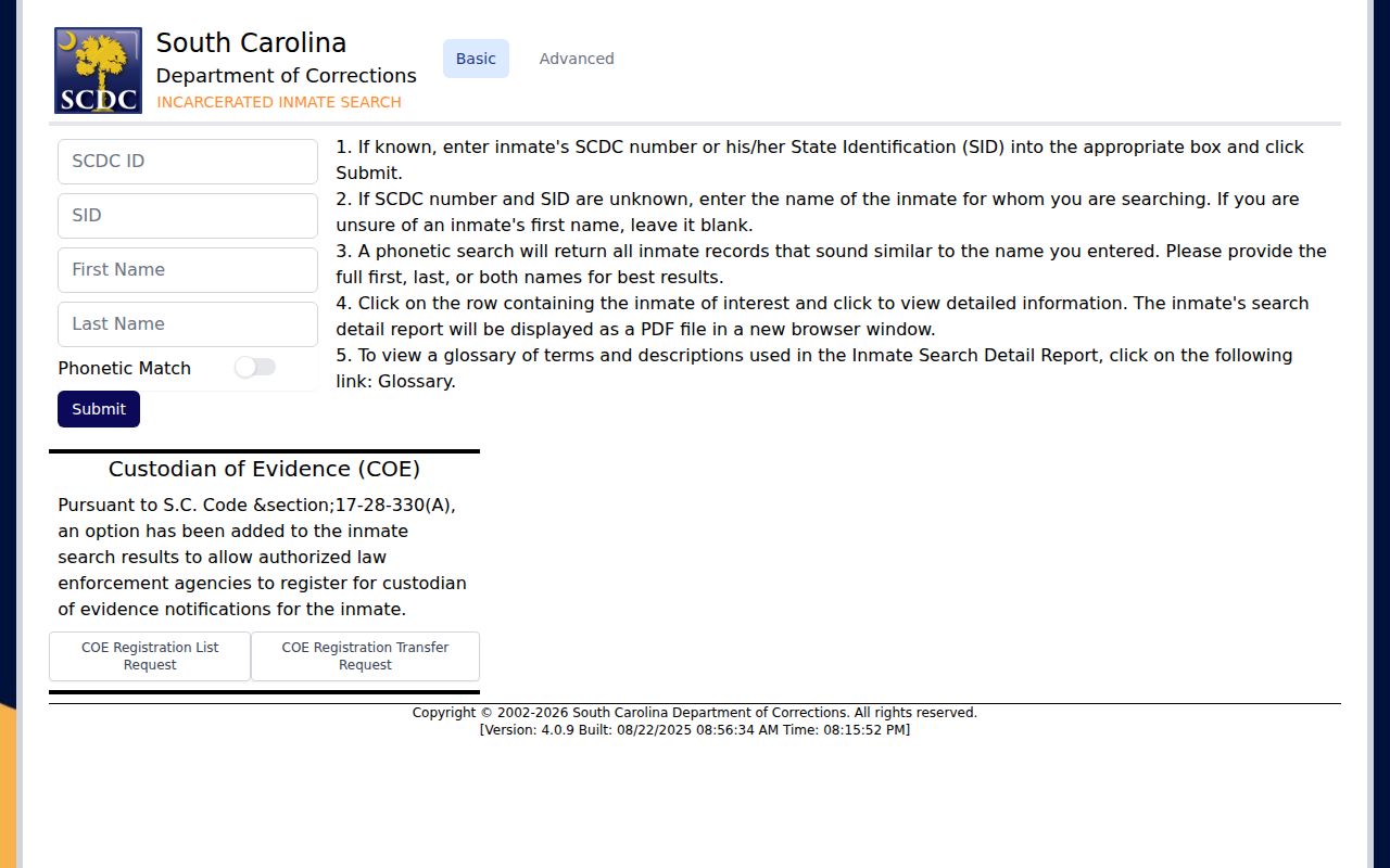 SCDC current search for a Richland County projected release date inquiry